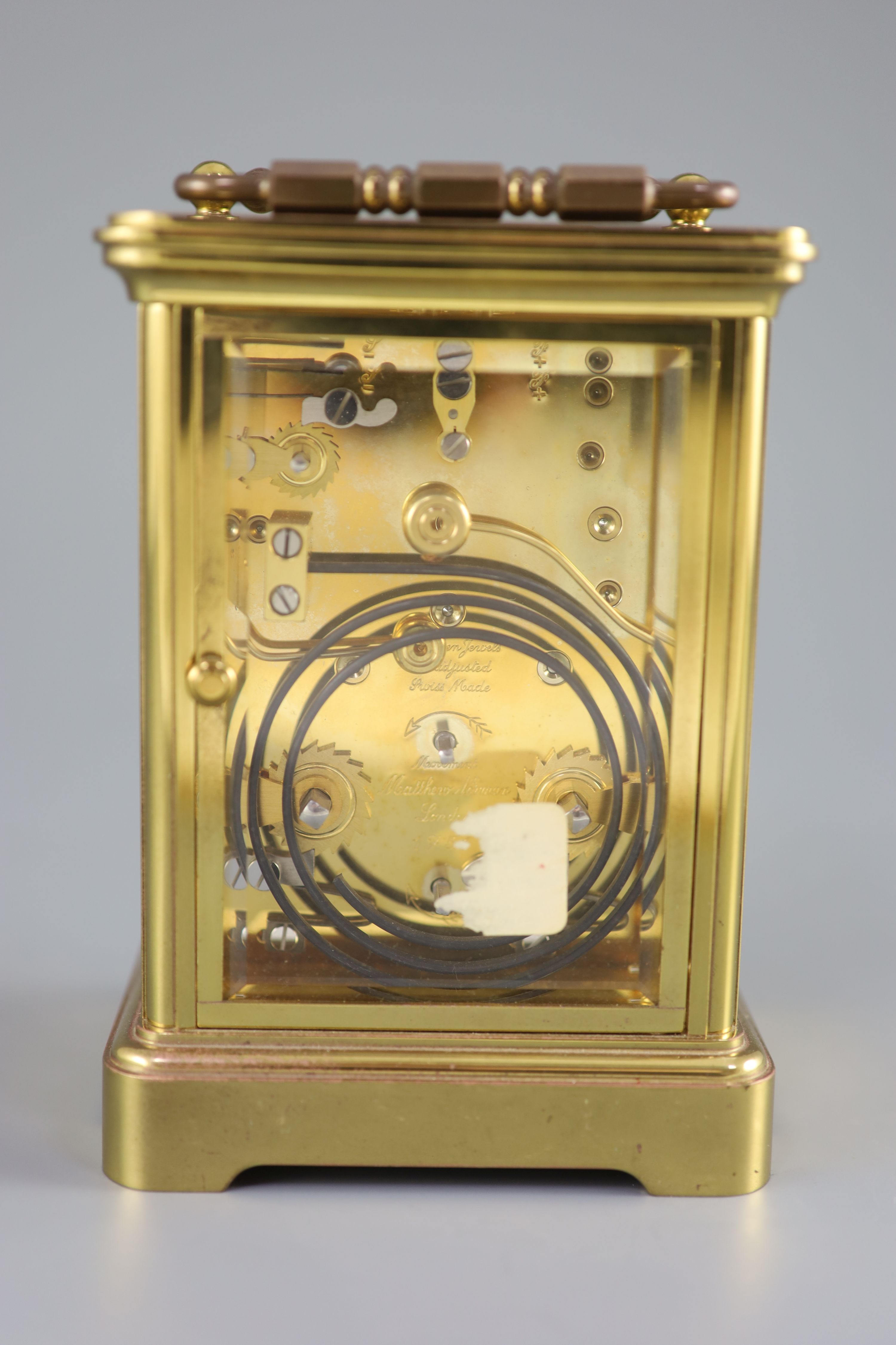 A large Swiss-made alarum brass carriage clock, Matthew Norman, London, 20th century, 13.5cm high